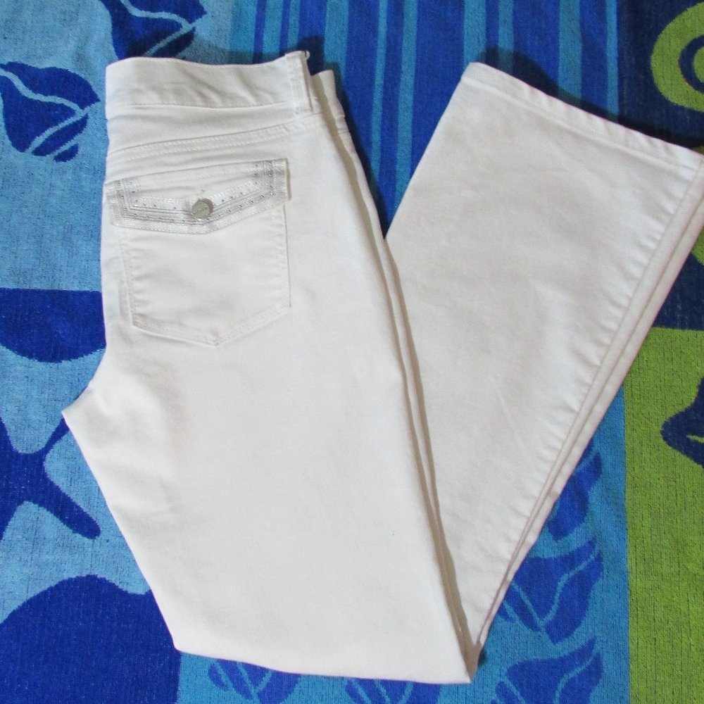 WHBM Noir Boot Cut Jeans White Silver Embellished